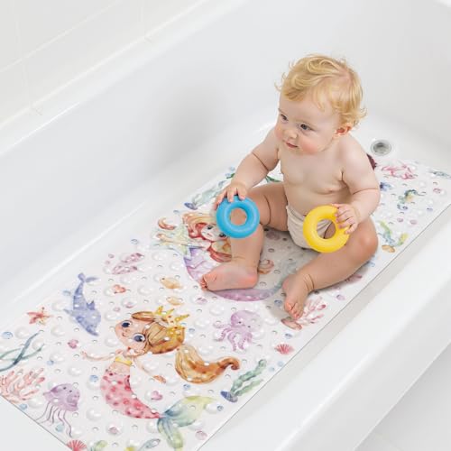 Image of Topotdor Baby Bath Mat, Cartoon Bath Mat for Tub Non Slip Kids, 40x16 Inch Extra Long Toddler Bathtub Mat with Drain Holes & Suction Cups, Machine Washable Anti-Slip Shower Mat, Mermaid