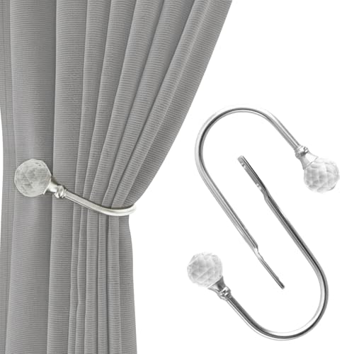 Image of Agvdg Crystal Ball Curtain Holders, 2 Pack U Shaped Metal Curtain Tie Backs Silver, Tie Backs for Curtains with Curtain Strap for Home Office Decor