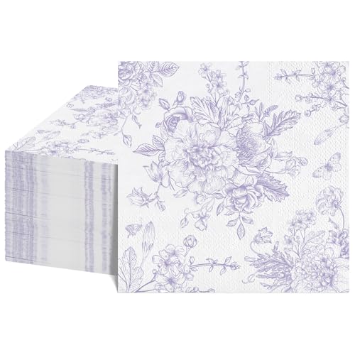 NatNarr 100 Pcs Floral Napkins Light Purple Toile Napkins Vintage Flower Butterfly Design Chinoiserie Decorative for Decoupage Bridal Baby Shower Wedding Tea Party