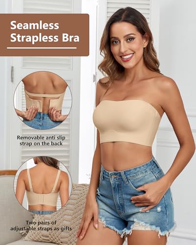 Strapless Bras for Women Non-Slip Silicone Bandeau Bra Seamless Wireless Strapless Bra Padded with 1 Pairs Straps2