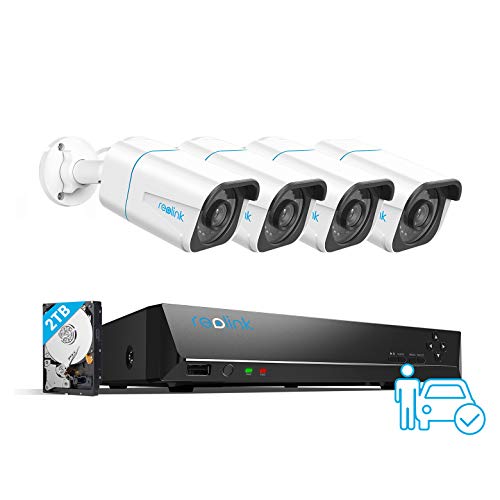 Reolink 8CH 4K Security Camera System H.265, 4pcs 8MP Person/Vehicle Detection Smart Wired Outdoor PoE IP Cameras, 8MP 8-Channel NVR with 2TB HDD for 24/7 Recording, RLK8-810B4-A