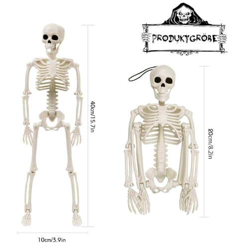 Halloween Deko Skelett, 2 Mini Hängende Skelett 40cm Plastikskelett Ganzkörper mit beweglichen Gelenken – Gruselige Dekoration für Innen/Außen, Party, Garten, Tür