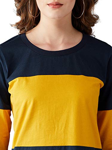 Image of Miss Chase Women's Navy Blue and Mustard 100% Cotton T-Shirt