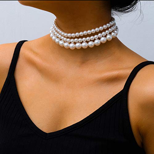 Boho Choker Necklaces for Women - Faux Round Pearl Layered Fashion Chunky Thick Clavicle Necklace Wedding Bride Jewelry Gifts2