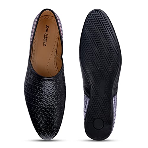 Image of San Frissco Men's Embroidered Mojaris Casual Slip-On Shoes | Soft Cushioned Footbed Insole with TPR Sole | Stylish Lightweight Jutti Perfect for Party Weddings Festive Season