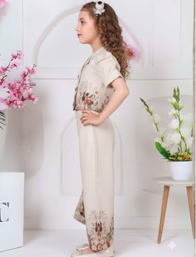 Image of BLOOD PANTHER Girls Floral Printed Cotton Blend Co-Ord Set - Stylish Summer Outfit with Crop Top & Wide-Leg Pants - Dress for Kids