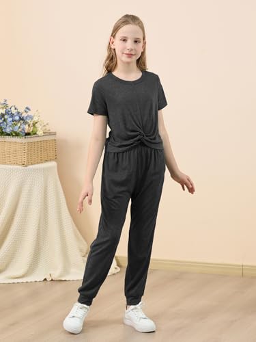 Image of GORLYA Girls Pant Sets Clothing Suits Twist Knot Sweat Crop Tops and Casual Sweatpants 2PCS Tracksuit Outfits 6-14Y