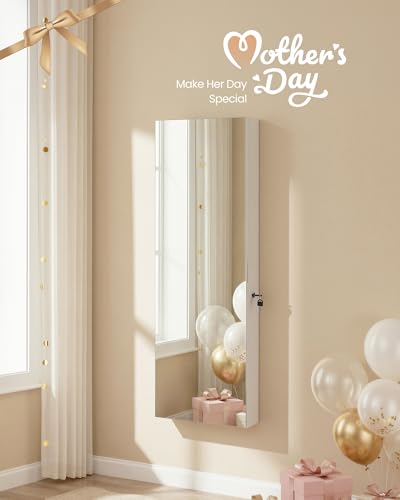 Image of SONGMICS Mirror Jewelry Cabinet Armoire Organizer, Wall or Door Mount Storage Cabinet with Full-Length Frameless Lighted Mirror, Built-in Makeup Mirror, 2 Drawers, Lockable, White UJJC013W01