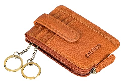 Image of Calfnero Genuine Leather Card Holder & Key Case for Men & Women | Slim Wallet with Zipper Pocket, Card Slots & Key Chain | Compact Travel Organizer (Light Cognac)