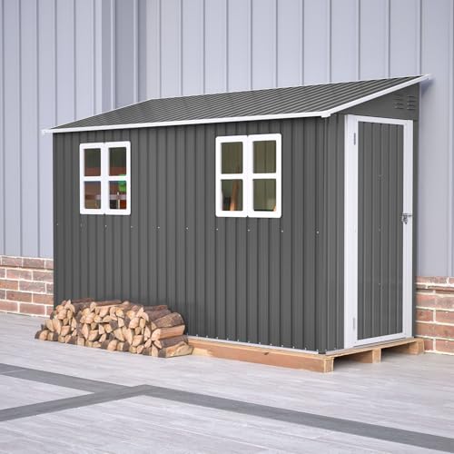 BIRCHTREE 4x10ft Lean To Garden Shed Metal Outdoor Storage Shelter Tool House Pent Roof with Windows, Vent, Lockable Single Door, Grey