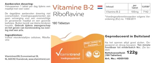 Vitamintrend Vitamin B2 Riboflavin 100mg, 180 Tabletten, hochdosiert, Nahrungsergänzungsmittel vegan ohne Magnesiumstearat, in Deutschland hergestellt