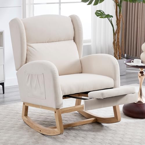 Image of NIOIIKIT Nursery Rocking Chair with Footrest, Linen Upholstered Glider Chair, Rocker Nursery Sofa with Side Pocket, Glider Rocker, Accent Reading Recliner for Living Room (Beige Linen)