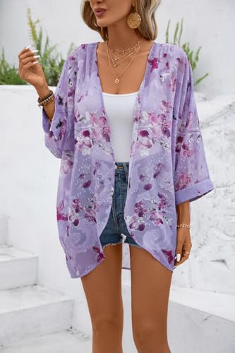 olrain Women's Floral Print Sheer Chiffon 3/4 Bat Sleeve Casual Loose Kimono Cardigan Capes (Small, PurpleRedF) - Thumbnail 3