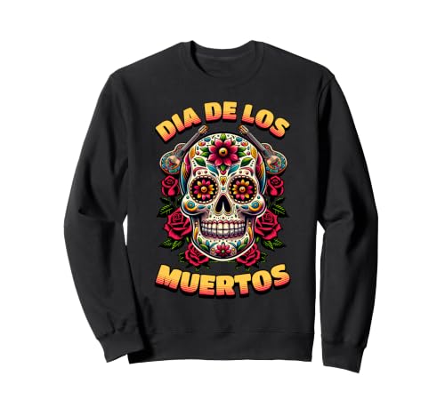 Image of Dia De Muertos Mariachi Graphic - Guitar Roses Skeleton Sweatshirt