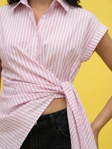 Image of Wrap Style Striped Women Cotton Shirt Drop Shoulder Casual Wear