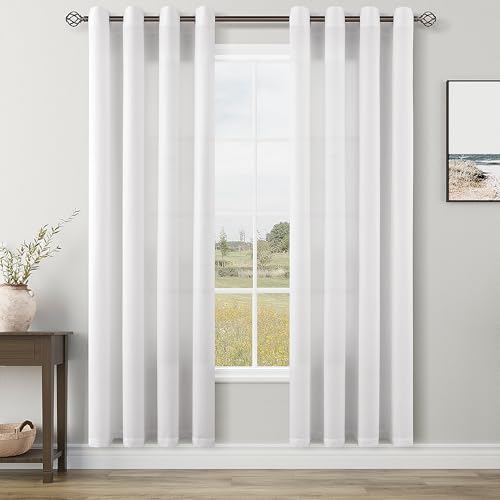 Image of White Linen Curtains 80 Inches Long for Living Room Bedroom 2 Panels Set Grommet Top Sunlight Filtering Semi Sheer Curtain Modern Farmhouse Privacy Soft Cozy Drapes for Dining Room Windows 52x80