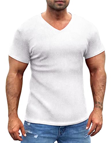 COOFANDY Men's Muscle T Shirts Stretch Short Sleeve V Neck Bodybuilding Workout Tee Shirts White