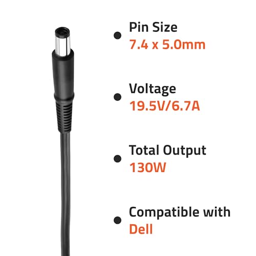 Image of AR1202 130 Watt Laptop Charger /Adapter with Power Cord Compatible with Dell Laptops (19.5V /6.7A, Pin: 7.4 x 5.0 mm)