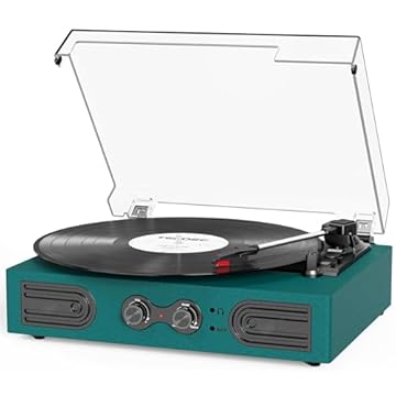 Leitor de discos de vinil com alto-falantes embutidos, toca-discos vintage de 3 velocidades, suporte para controle de agudos e graves, conector de fone de ouvido de 3,5 mm, saída RCA/entrada auxiliar,