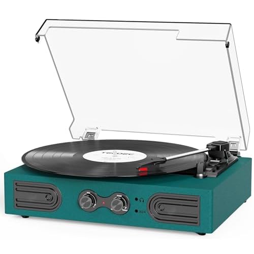 Vinyl Record Player with Built-in Speakers 3-Speed Vintage Record Player Support Treble& Bass Control, 3.5mm Headphone Jack, RCA-Out/Aux in, Belt-Driv