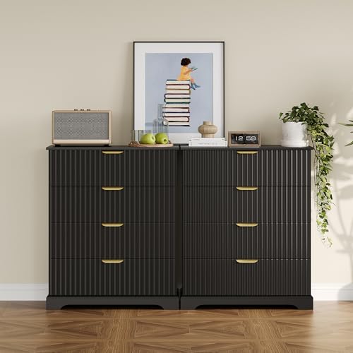 Image of Wooden 4 Drawer Dresser for Bedroom, 36.6 in Tall Fluted Dresser with Metal Handles, Modern Chest of Drawers for Bedroom, Living Room, Entryway, Black