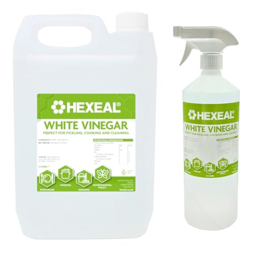Hexeal White Vinegar Refill Kit – White Vinegar 5L & 1L Spray – Cleans Surfaces, Deodorises & Removes Grime