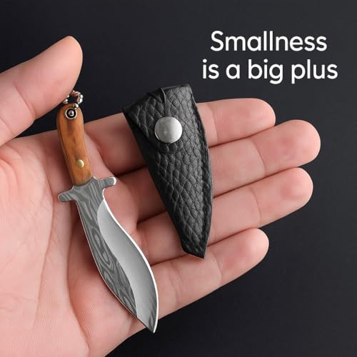Image of Mini Knife Keychain, Real Damascus Style Tiny Chef Knives with Wooden Handle, Pocket Cleaver, EDC Miniature Weapon Keychains for Gifting, Decoration & Collectors