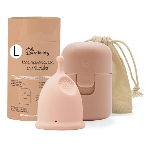 Bamboozy Copa Menstrual Con Esterilizador (L) Copas Menstruales Reutilizables de Lujo Hechas de Silicona Médica - Hasta 12 horas de Protección - Libre de Plástico, sin BPA