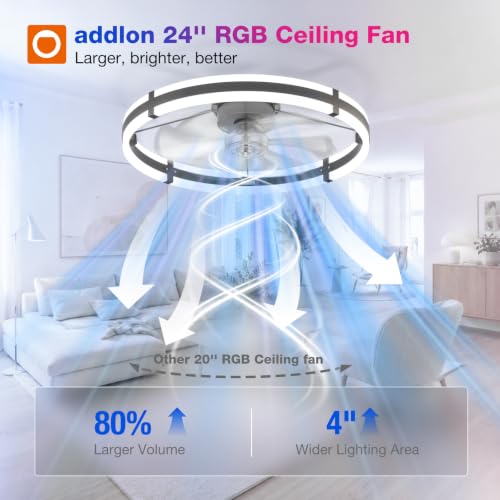 Image of addlon 24'' RGB Low Profile Ceiling Fans with Lights, App /Remote, Black | Flush Mount Fandelier, 3CCT Dimmable LED, Bluetooth App /Remote, Timer, Memory, Reversible DC Motor, Bedroom /Kids room