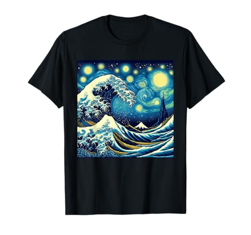 Van Gogh Starry Night Art Hokusai Great Wave off Kanagawa T-Shirt
