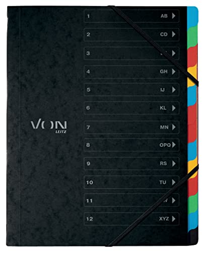 VON Leitz 30150095 Pack of 5 A4 Folder with 12 Compartments, Project Folder with Coloured Plastic Tabs, Lightweight Cardboard Document Tray, Elastic Closure, Black