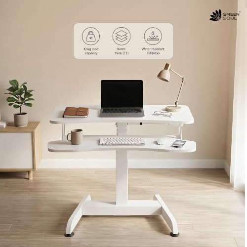 Image of Green Soul Ascend Height Adjustable Table for Office Work and Home |Ergonomic Two Tier Design | Standing Desk for Home Office | 3 Year Warranty | (White)