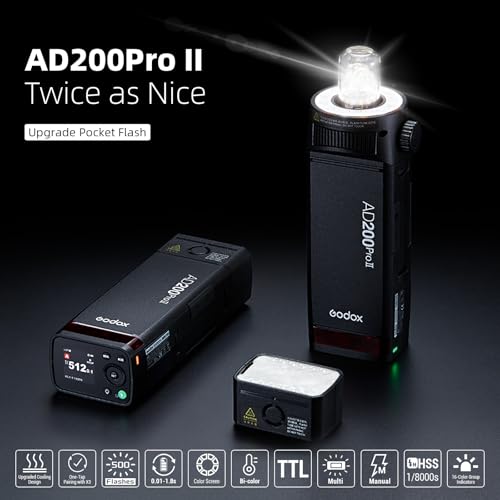 Ficha técnica GODOX AD200Pro II Flash Strobe 2.4G TTL 200W HSS 1/8000s 2900mAh Batería Bi-Color Versátil Modelado Lámpara Sync inalámbrica con un Toque Pantalla a Color Mejorada Indicador de Color de Grupo - Fernando Cortés