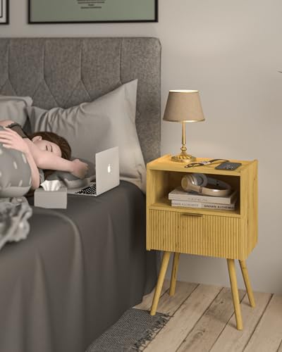 Image of Nightstand,Modern Bedside Table with Storage Drawer and Open Wood Shelf, for Living Room, Bedroom and Small Spaces, Accent Night Stand with Solid Wood Legs, Easy Assembly,Vintage Yellow Oak