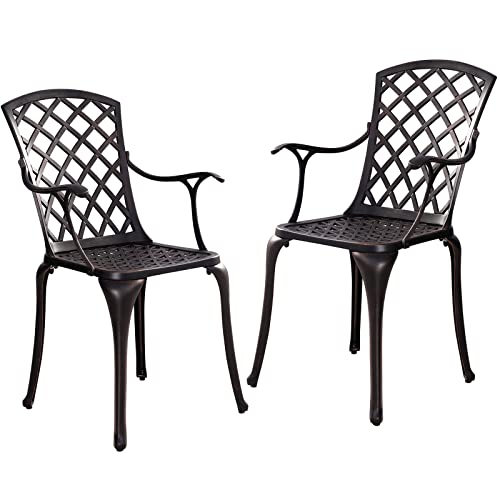 2 Piece Cast Aluminum Patio Chairs, All-Weather Bistro Chairs Set of 2, Outdoor Metal Dining Chairs with Armrests for Outside Garden, Deck, Bronze