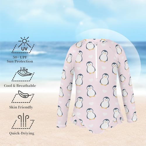 susiyo Penguins Pink Girls Long Sleeve One Piece Swimsuits Rash Guard Bathing Suit UPF 50+ Zipper Girl Swimwear2
