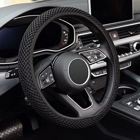 KAFEEK Elastic Stretch Steering Wheel Cover,Warm in Winter and Cool in Summer, Universal 15 inch, Microfiber Breathable Ice Silk, Anti-Slip, Odorless, Easy Carry,Black Cover