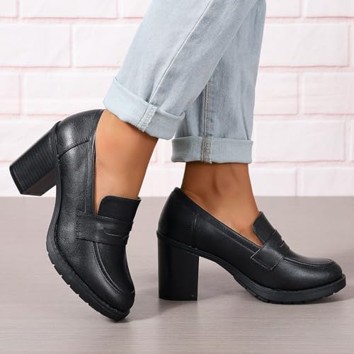 Women's Pumps Block Chunky High Heel Comfortable Classic Dressy Office Business Oxfords Shoes US5-11, Black, 404