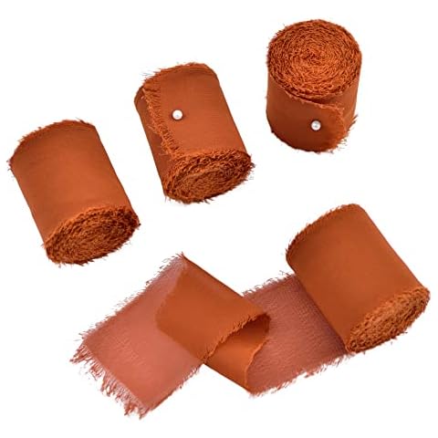 Joanlody Terracotta 4 Rolls Chiffon Ribbon Handmade Fringe Ribbon 1-3/4" x 6Yd for Wedding Invitations Bridal Bouquets Gifts Wrapping Cover