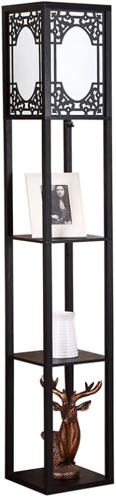 SYXL Chinese stijl vloerlamp, prachtige staande eenvoudige houten verticale lamp met plank woonkamer slaapkamer meubels (Color : Black)