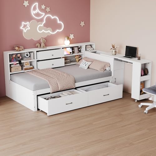 TOBIDOEN Armario cama juvenil 90 x 200 cm con escritorio extensible, mucho espacio de almacenamiento con estantes US/B y varios cajones, práctico diseño de la cama individual, madera de pino, color