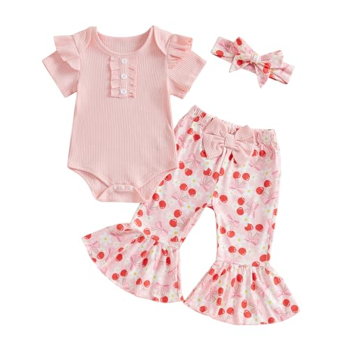 Image of MERSARIPHY Baby Girl Bell Bottom Outfit Infant Newborn Western Summer Clothes Short Sleeve Ruffle Romper Tops Flare Pant Set