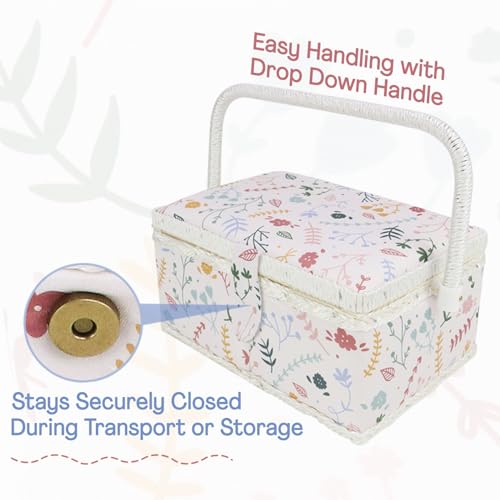 Large Sewing Basket with Complete Sew Accessories, Wooden Beginners Sewing Kits with Removable Tray Tomato Pincushion for Mending, Colorful Pastel