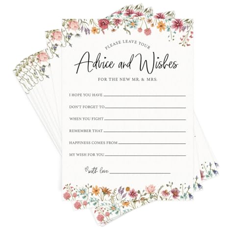 Printed Party Wedding Advice Cards – Wildflower Theme, Bridal Shower Games and Favors for Guests, Love In Bloom Floral Design, 30 Guests