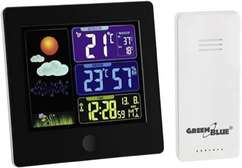 GreenBlue GB521B - Stazione meteorologica radio con sensore esterno, calendario, igrometro e termometro DCF, batteria e alimentazione di rete, colore: Nero