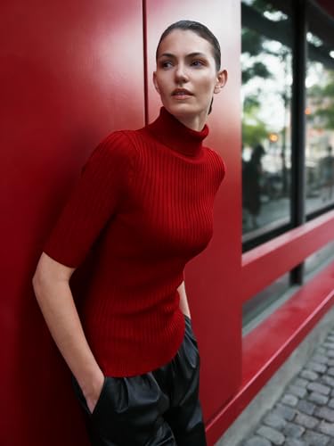 Image of v28 Women Turtleneck 1 /2 Half Sleeve Highly Stretchy Ribbed Knit Fitted Sweater