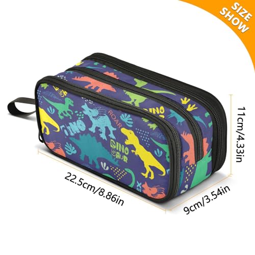 Image of Dinosaur Pencil Case Big Capacity Handheld 3 Compartments Pencil Pouch Portable Large Storage Canvas Pencil Bag for Boys Girls Adults Students