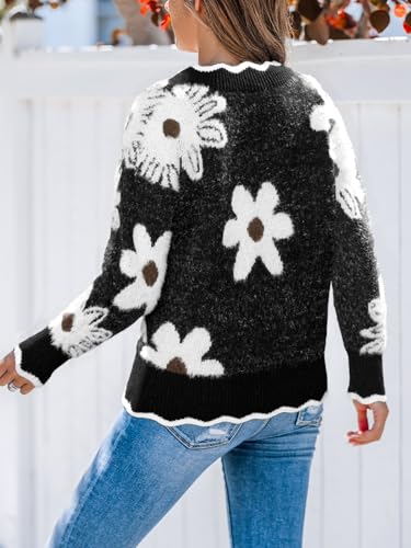 Image of CUPSHE Sweaters for Women Long Sleeve Pullover Knit Tops | Floral Scalloped V Neck Pullover Sweaters, Soft and Cozy Fabrics, Relaxed Fit, Fall Clothes, Winter Clothing, Cute Fashion