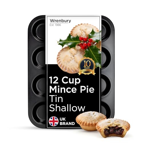 Wrenbury Pro - Bandeja para hornear para tartas de carne picada poco profunda, 12 tazas, lata de acero al carbono antiadherente para pasteles de carne picada de Navidad, tartas de mermelada y pudines