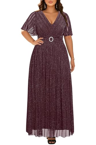 Plus Size Formal Dresses - Wedding Guest Evening Gown Sparkly Sequin Prom Gala Ball Maxi Dress with Short Sleeves